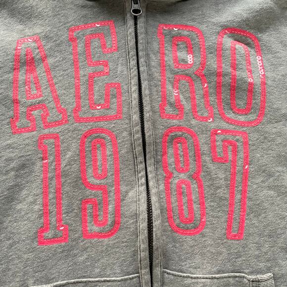 🔥Aeropostale Y2K Faux Fur Hood Sequins Spell Out Full Zip Gray Sweatshirt Sz XL - Picture 8 of 16